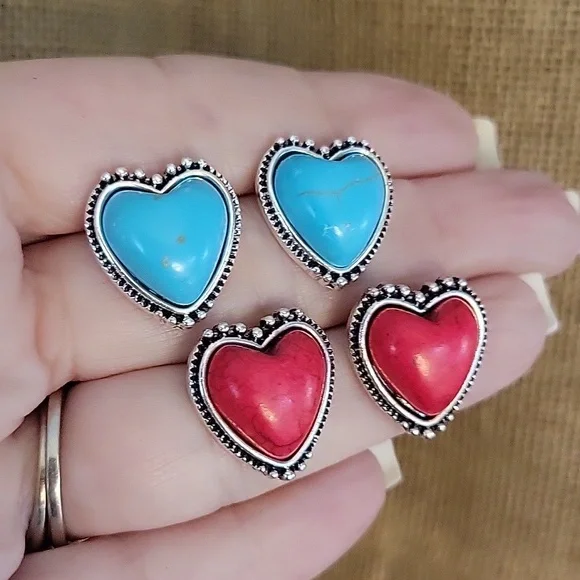 WESTERN HOWLITE HEART EARRINGS, CHOICE OF COLOR - Picture 1 of 8